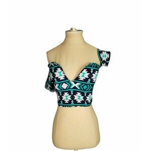 K Too Women's Off The Shoulder Printed Crop Top Plunging Neckline Size Small